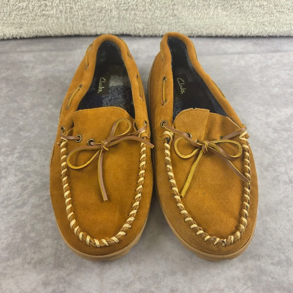 Clarks Bruno Mens Tan Suede Moccasin Slippers Plaid Lined 22SH-011 Size 10M